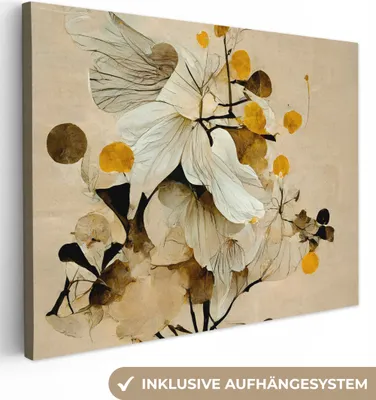 Produktbild von MuchoWow® - Leinwandbilder - Blumen - Pflanzen - Gold - Vintage, Wandbild, Wanddeko Bilder Wohnzimmer, 120x90 cm