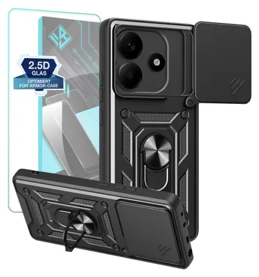 A black smartphone case with a built-in ring stand and a sliding camera cover, shown with a screen protector.