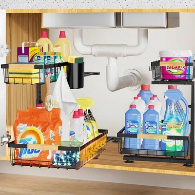 Obrázok produktu pre Unyqoos® – nastaviteľný organizér do kuchynskej skrinky s výsuvnými košíkmi a dodatočným úložným priestorom pre kúpeľňu a umývadlo