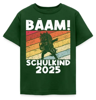 Produktbild von Spreadshirt Bääm! Schulkind 2025 Einschulung Einhorn Kinder T-Shirt, 122/128 (7-8 Jahre), Forstgrün