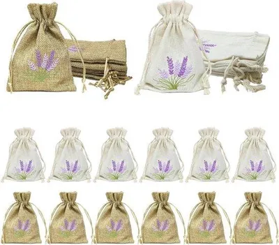 Image de 12 sachets de lavande vides, en lin blanc, avec ficelle pour les remplir