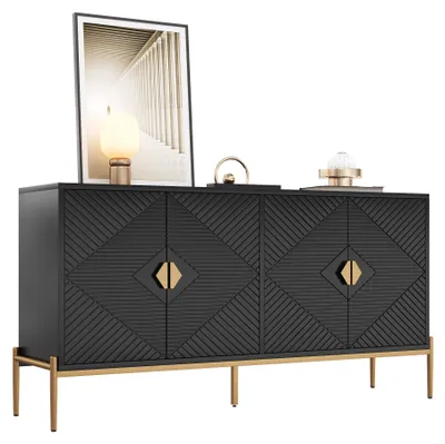 Produktbild von Moonbite Anrichte 162 × 40 × 80 cm, schwarzes Sideboard mit 4 Struktur-Türen, goldene Griffe, Metallfüße, Buffetschrank, MDF-Platte und Spanplatte, Schwarz