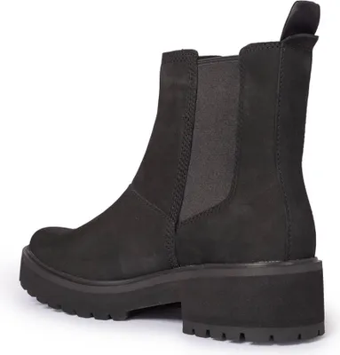 A black Chelsea boot is shown from the side against a white background.