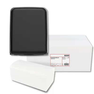 Produktbild von HyPaFol Handtuchpapierspender, Maxi, für V-Falz, schwarz matt mit Papierhandtuch, V-Falz, 2-lagig, recycling weiß, 24 x 21 cm, 4.000 Blatt