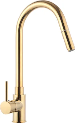 A gold kitchen faucet on a white background.