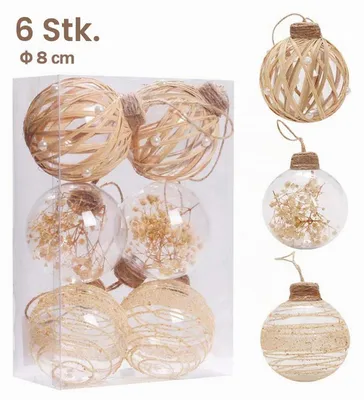 Obrázok produktu pre Vianočné ozdoby, sada 6 kusov, 8 cm, boho štýl, plast, béžová farba