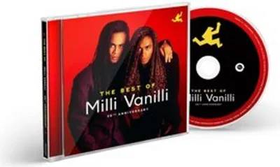 A CD case and CD for "The Best of Milli Vanilli (35th Anniversary)" are displayed on a white background.