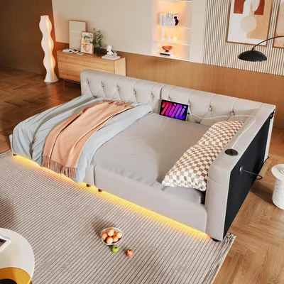 Produktbild von Schlafsofa, Daybett, Tagesbett, 90x200cm, Schlafsofa mit Lattenrost (ohne Matratze), Ambientebeleuchtung mit Fernbedienung, Kopfteil mit Knopftuft,