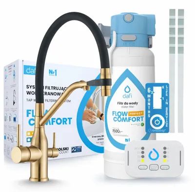Productafbeelding van Keukenmengkraan met waterfiltersysteem Ari Magneto, keramische cartridge, 360 graden draaibaar, perlator, mengkraan met twee grepen, messing, geborsteld goud