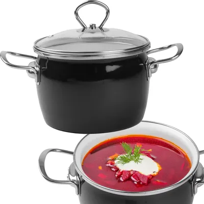 A black enamel pot with a glass lid is shown above a pot filled with red soup.