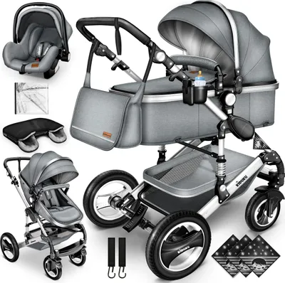 Produktbild von KIDUKU® 3 in 1 Kombi Kinderwagen Grau/Silber Buggy Reisebuggy inkl. Auto- Babyschale Faltbar ECE R129
