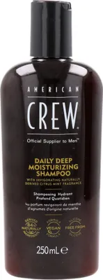 Produktbild von American Crew Daily deep moisturizing, 250 ml, Shampoo, Männer, trockenes Haar, normales Haar, aqua/water/eau, ammonium lauryl sulfate, cocamidopropyl betaine, acrylates copolymer, caprylyl..., Wet hair thoroughly. Massage a small amount into hair and scalp. Rinse well.