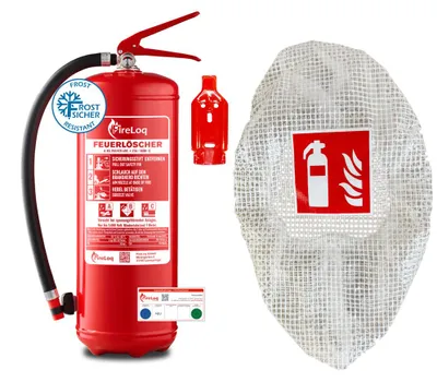 Produktbild von FireLoq® 6kg Pulver Feuerlöscher mit Gitterschutzhaube mit Prüfnachweis und Manometer