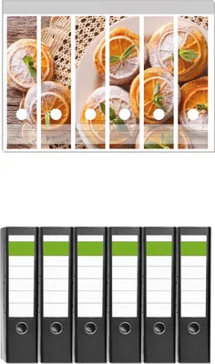 Produktbild von Wallario 6 Stück breite Ordner inkl. Klebeetiketten mit Motive Frische Biskuits mit Orangenscheiben -  Set mit Rückenschildern / Ordnerrücken Stickern