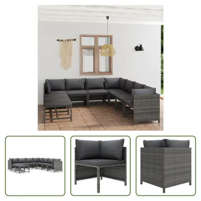 Produktbild von The Living Store 9-tlg. Garten-Lounge-Set mit Kissen Poly Rattan Grau