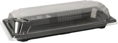 Produktbild von 400 Papstar Sushi-Schalen, PS eckig 3,8 cm x 9,2 cm x 22 cm schwarz mit rPET Deckel 88883