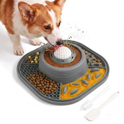 Produktbild von Slowfeeder Futterstation mit 2-in-1 Leckmatte und Leckball, grau, für Hunde und Katzen