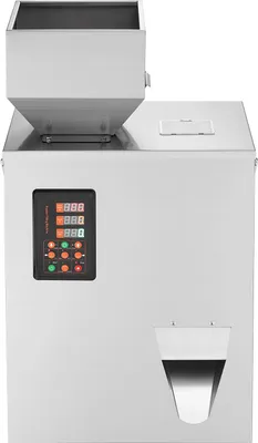 A stainless steel automatic particle weighing filler machine with a digital display and control panel.