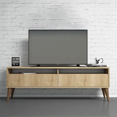 Image de Skye Decor, support TV de haute qualité, 150 x 30 x 50 cm, en chêne, fabriqué à partir de panneaux de particules mélaminés à 100 %, d'une épaisseur de 18 mm. Style scandinave moderne, élégant et fonctionnel.