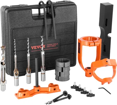 A set of woodworking tools, including drill bits, a jig, and a carrying case, laid out on a light gray background.