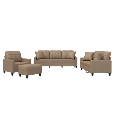 A set of furniture pieces including an armchair with an ottoman and a sofa, arranged against a white background.