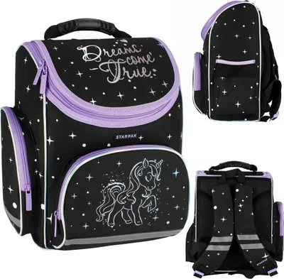 Produktbild von Einhorn holo schwarzer Schulrucksack für Mädchen, 37x32x22cm, gepolstert