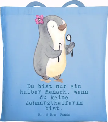 Produktbild von Mr. & Mrs. Panda Schultasche Zahnarzthelferin Herz - Sky Blue - Geschenk, Laptoptasche, Jutebeutel, Tasche, Tote Bag, canvas