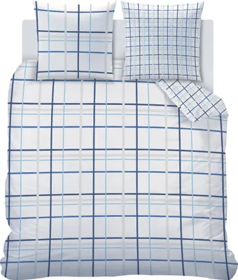 Produktbild von Karo Bettwäsche, 80x80 + 240x220 cm, 100 % Baumwolle in Biber, moderne blau & grau karierte, gestreifte Traumhelden Bettwäsche-Garnitur, ideal als Partnerbettwäsche