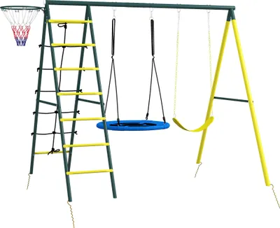 Produktbild von Kinderschaukel-Gerüst mit 2 Schaukeln, Basketballkorb, Kletterleiter, 267x180x202 cm, Gelb