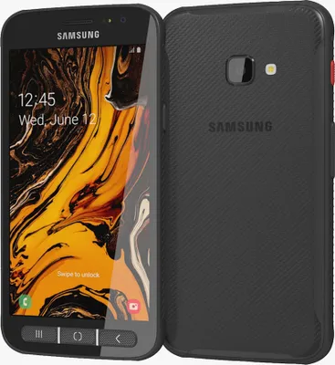 A black Samsung Galaxy XCover 4s Duos smartphone is shown from the front and back.