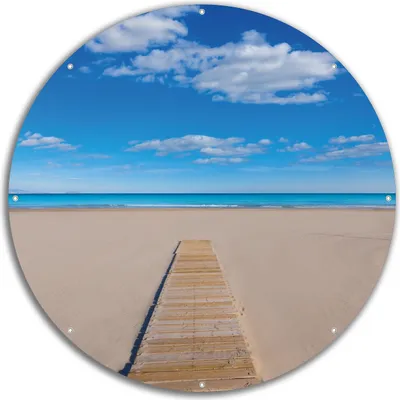 Produktbild von Wallario rundes Outdoor-Poster für Garten oder Balkon, Motiv Auf dem Holzweg zum blauen Meer, 60 cm Durchmesser