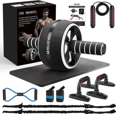 Obrázek produktu pro Unyqoos® AB-Roller, multifunkční sada pro posilování břišních svalů (10 funkcí) – AB-kolo s protiskluzovým kolečkem, fitness guma, skákací lano, úchytky pro kliky, 8 kusů gumových pásek ve tvaru čísla 8, kolenní chrániče, rozměry 8,9 x 16,0 cm, nosnost 220 kg