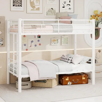 Productafbeelding van Stapelbed van 90x190 cm, gemaakt van metaal, dat kan worden opgedeeld in twee eenpersoonsbedden, met een ladder en een veiligheidsreling, met een gepoedercoat stalen frame