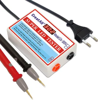 A white LED light tester with red and black probes and a power cord is shown against a white background.