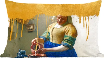 Produktbild von MuchoWow® Zierkissen Sofakissen Wohnzimmer Dekokissen 50x30 cm Milchmädchen - Gold - Vermeer - Wohnzimmerdekoration - Polster mit Photo