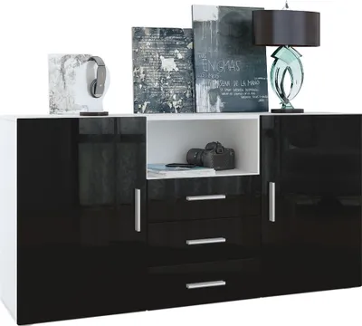 Produktbild von Vladon Sideboard Skadu, Kommode mit 2 Türen, 3 Schubladen und 1 offenem Fach, Weiß matt/Schwarz Hochglanz (138,5 x 71,5 x 35 cm)