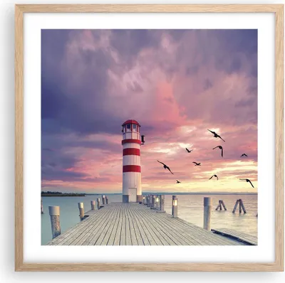 Produktbild von Gerahmtes Poster - Rahmen in heller Eiche - Laterne Meer Küste - 50x50 cm - Wand Bild - Wanddeko - Wandbilder - Kunstposter - Wandposter - Bilderrahmen - Bilder - Kunstdruck - P2NAC50x50-4978