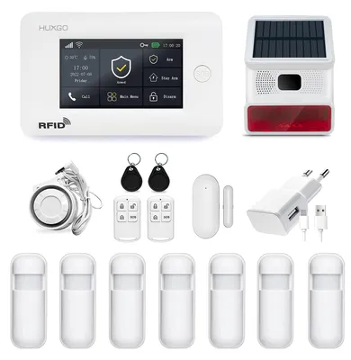 Produktbild von HUXGO HXA006 Funkalarmanlage mit 7 Bewegungsmeldern und zweiter Funksirene Modulen: WLAN + GSM 4G LTE TUYA Smart Anwendung SMS-Benachrichtigungen Steuerung vom Telefon aus Sprache DEUTSCH, KI-generiertes Bild