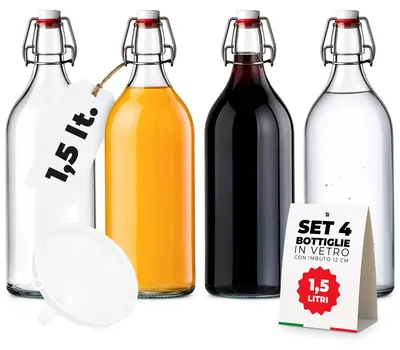Productafbeelding van Set van 3 Glazen Flessen 1 Liter met Beugeldop en Trechter
