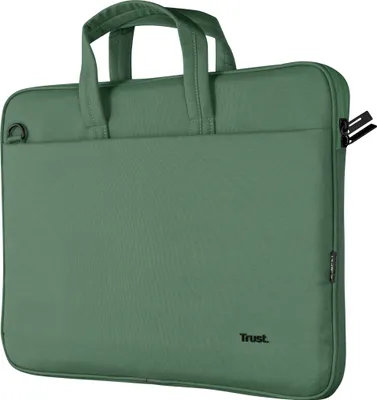 Produktbild von Trust Bologna Slim Laptop Eco Tasche bis 16 Zoll aus Recyceltem Kunststoff, mit Schultergurt, Nachhaltige Umhängetasche für Reisen, Business, Büro, Schule - Grün