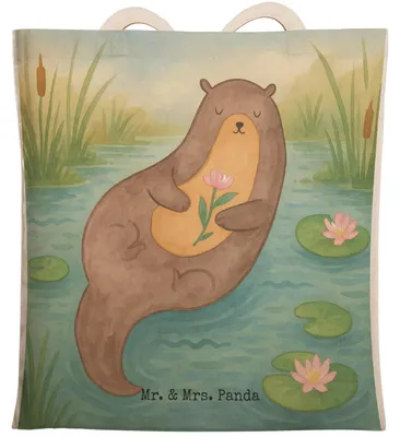 Produktbild von Mr. & Mrs. Panda Tote Bag Otter Seerose Design - Weiß - Geschenk, Beuteltasche, glücklich, Wasser, shopping, Tasche, Fluss, Beutel, Seeotter