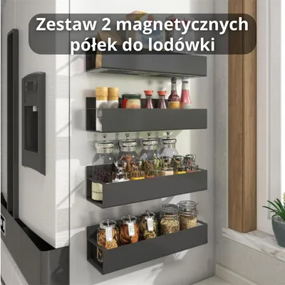 Zdjęcie produktu dla Zestaw 2 magnetycznych półek na lodówkę – Czarny – Metalowy organizer kuchenny na bok lodówki – Oszczędność miejsca i mocne trzymanie