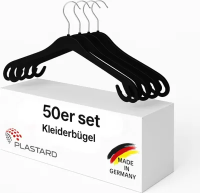A set of black hangers is displayed in front of a white box with product information and logos.
