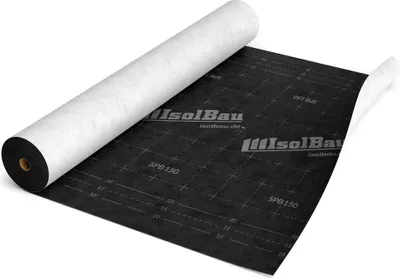 A roll of black underlayment material is partially unrolled on a white background.