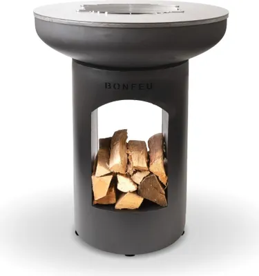 Produktbild von BonFeu BonBiza Schwarz Öffnen Ø 80 cm - Gartenkamin mit Backplate  - Feuertonne & Feuerstelle - Feuerschale Feuerkorb aus stabilem Stahl - Mit Backplatte zum Kochen -  Feuerkorb für den Garten