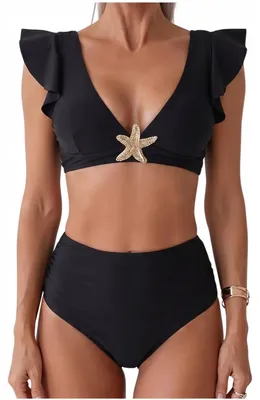 Obrázok produktu pre Dvojdielne bikini - Vysoký pás - Elegantné dámske plavky - Hviezdica - Čierne - XL 42