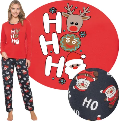 Produktbild von Damen Schlafanzug Weihnachten langer Pyjama Nachtanzug 100% Baumwolle Neti 4009, Rot, XL
