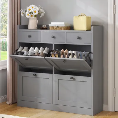 Produktbild von Schmaler Schuhschrank mit 4 Klappen & 8 Ablagen, verstellbar, Grau 100x25x85cm für Flur & Eingang