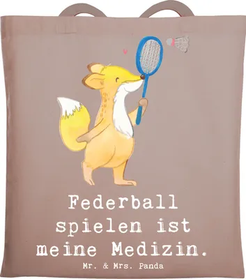 Produktbild von Mr. & Mrs. Panda Jutebeutel Fuchs Federball spielen - Braun Pastell - Geschenk, Laptoptasche, Büchertasche, Uni Tasche, Badminton, Tragetasche, Tote Bag