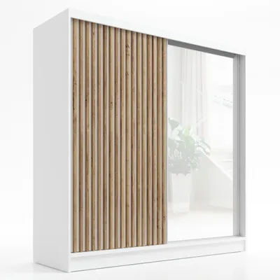 Produktbild von Schwebetürenschrank, 2-türig Schrank mit Spiegel und 3D-Lamellen Premum LINA 200 cm (Weiß)